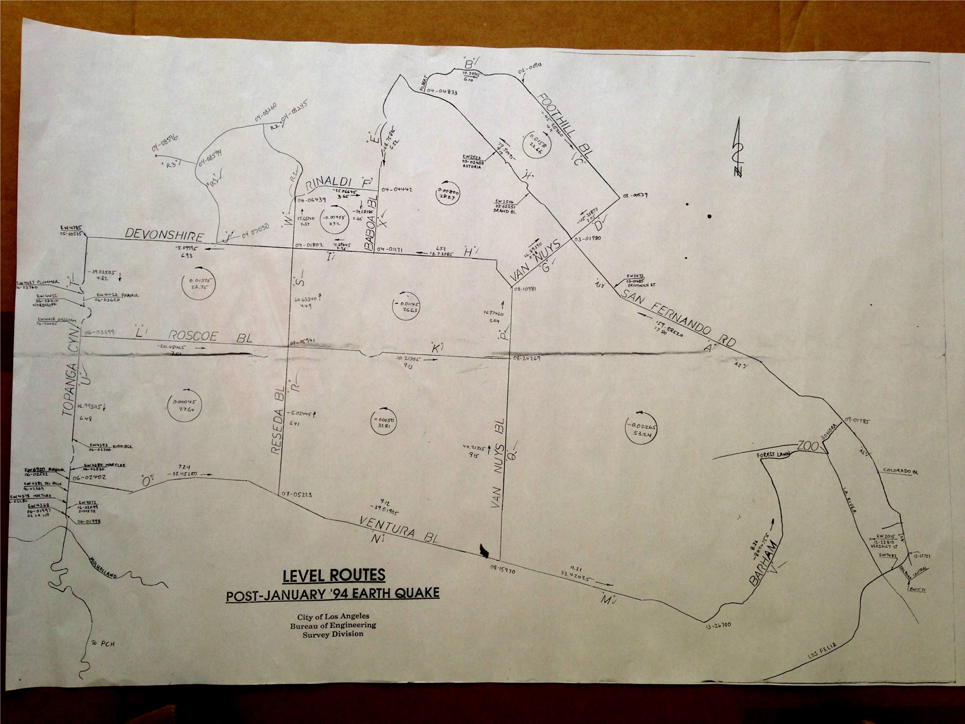 Map of the re-leveling of the San Fernando Valley after the 1994 Northridge Earthquake -- 