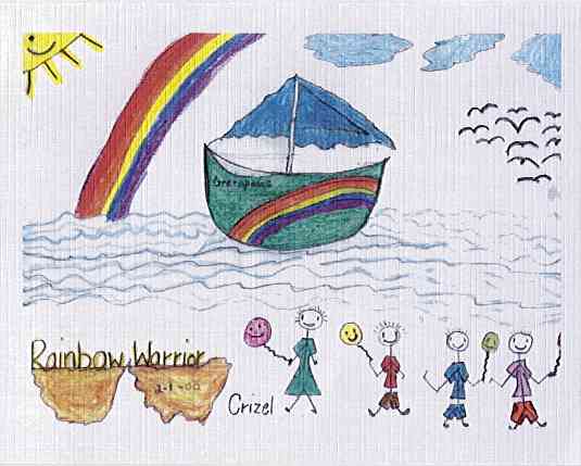 Crizel draws Rainbow Warror